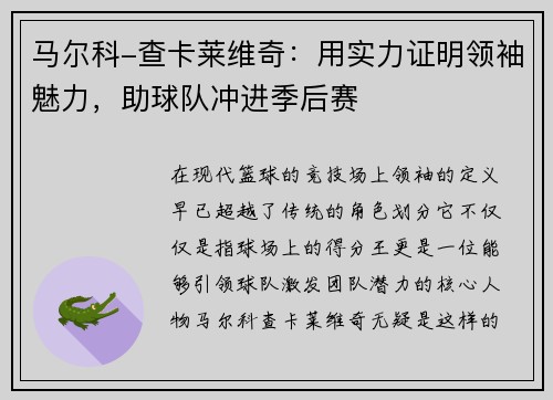 马尔科-查卡莱维奇：用实力证明领袖魅力，助球队冲进季后赛